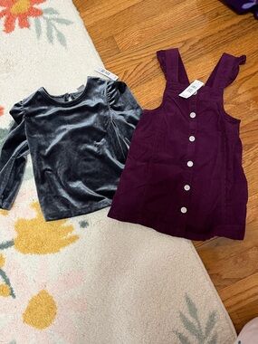 GAP Factory Girls Velvet Top in Charcoal + Corduroy Overall Dress in Deep Plum
